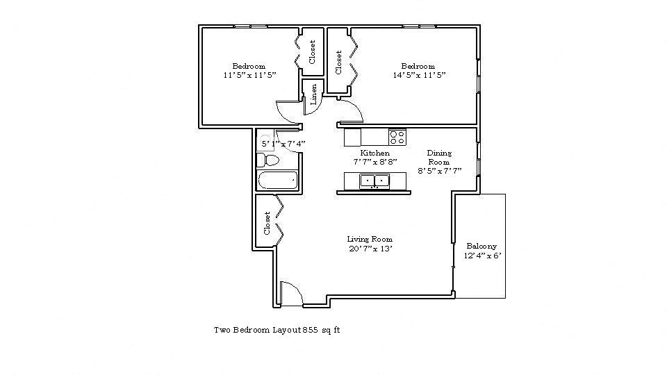 Floor plan for 2 beds, 1 bath, 855 sqft